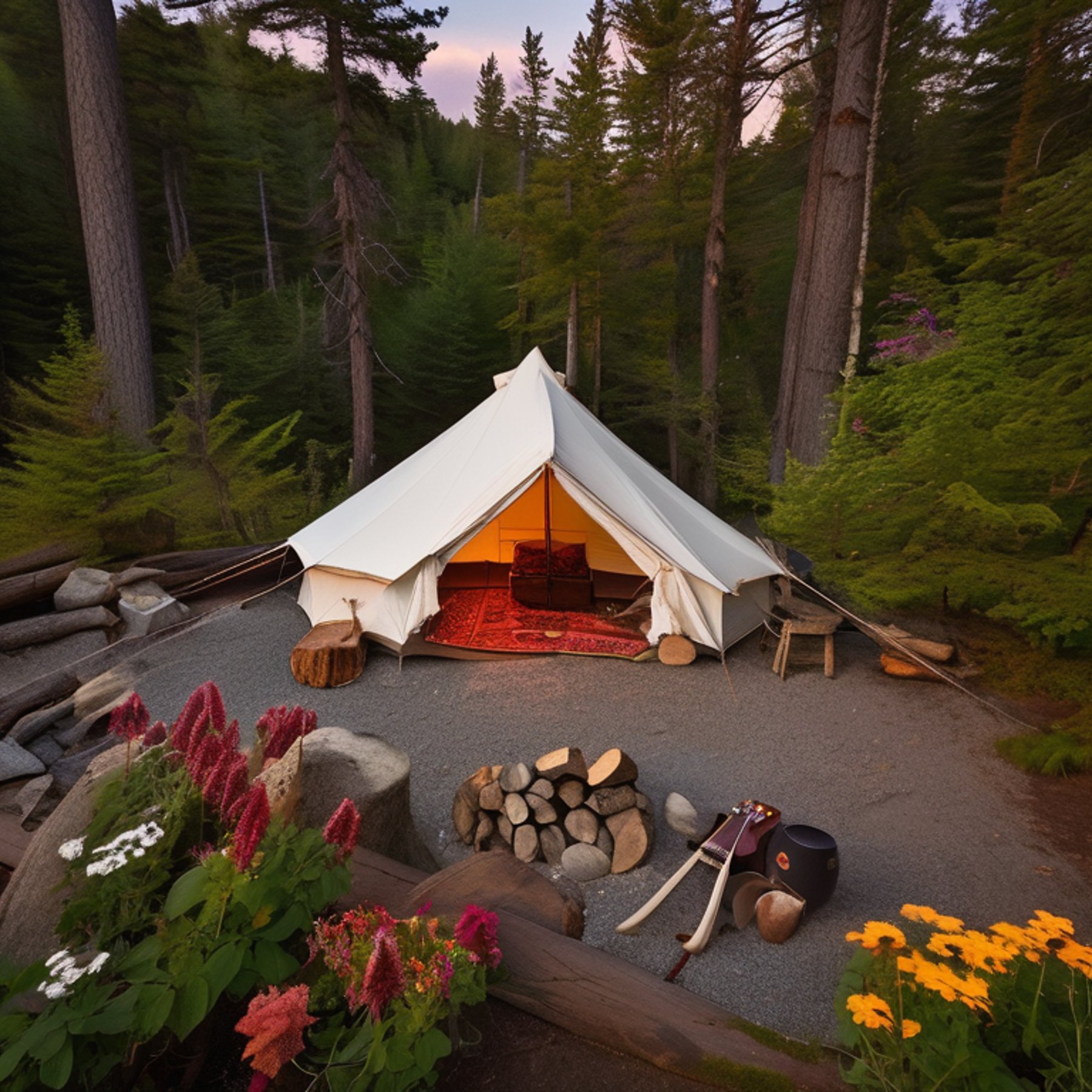 A white tent rests by the rocky Maine coast as rain falls beneath a glowing sunset. A warm campfire burns in the dirt, with a guitar, wildflowers, and a large rock nearby.