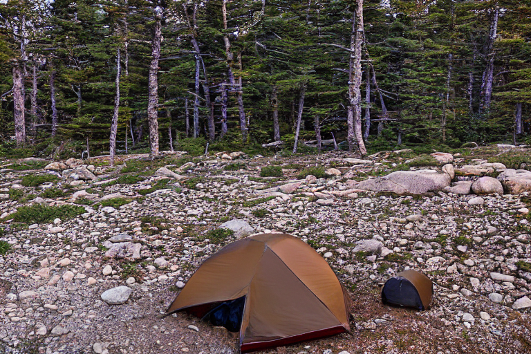 A brown tent rests on a quiet paved campsite in snowy Acadia National Park. Warm golden light shines over the boulders and stones, while a guitar and lantern sit nearby.