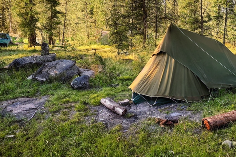 A green and tan tent rests beside a clear stream in a quiet Washington campsite. A warm campfire glows among the stones, while the northern lights dance across the clear night sky. Overgrown grass, logs, and camping gear add a cozy outdoor feel.