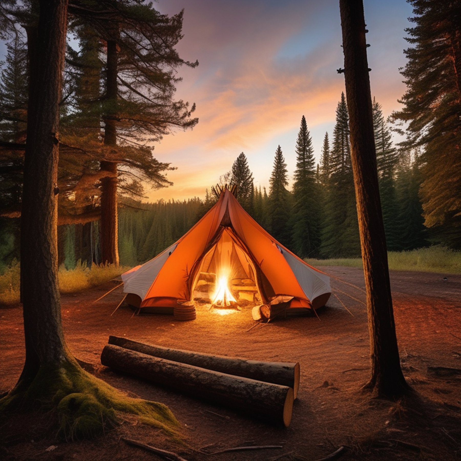 An orange tent sits beneath tall trees beside a warm, glowing campfire. A large log rests nearby, while a hammock hangs between two trees. The quiet forest campsite feels cozy and peaceful under the night sky.