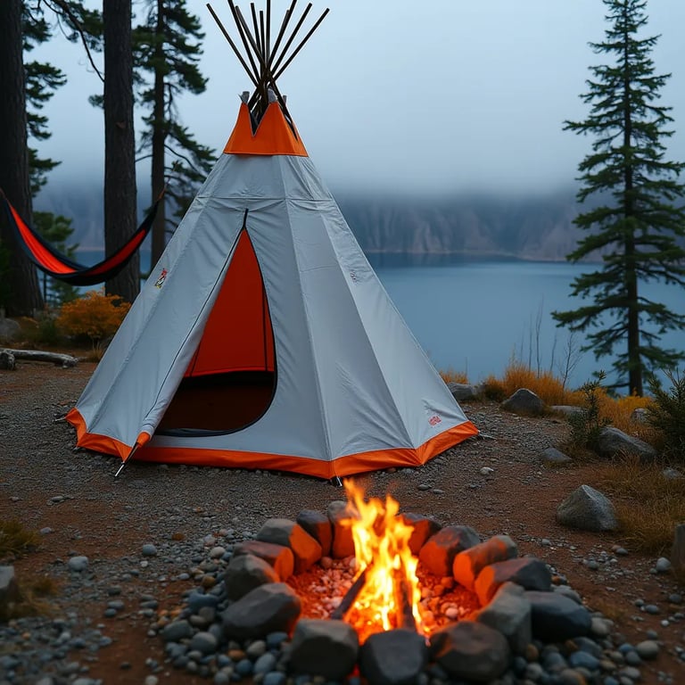 A cozy gray and orange teepee rests among colorful fall trees near Crater Lake. A hammock hangs between two trees, while a small fire warms marshmallows. Far away, a deer stands quietly under the cloudy sky.
