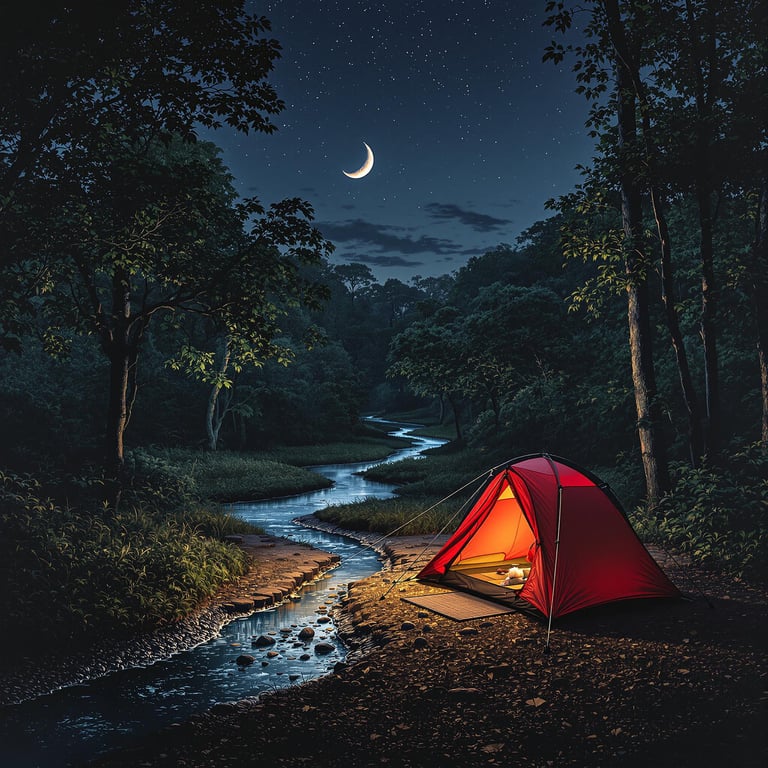A bright red tent rests beside a quiet stream in Biscayne National Park. Trees frame the campsite, with a crescent moon and stars shining above. A small squirrel darts nearby, and a parking spot sits close to the peaceful camp.