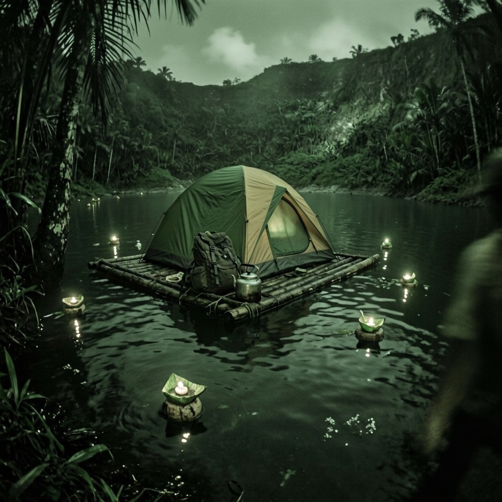 A tent on a raft seen from the shore at night. Small candle lanterns float on the water, and a backpack and kettle sit on the raft.