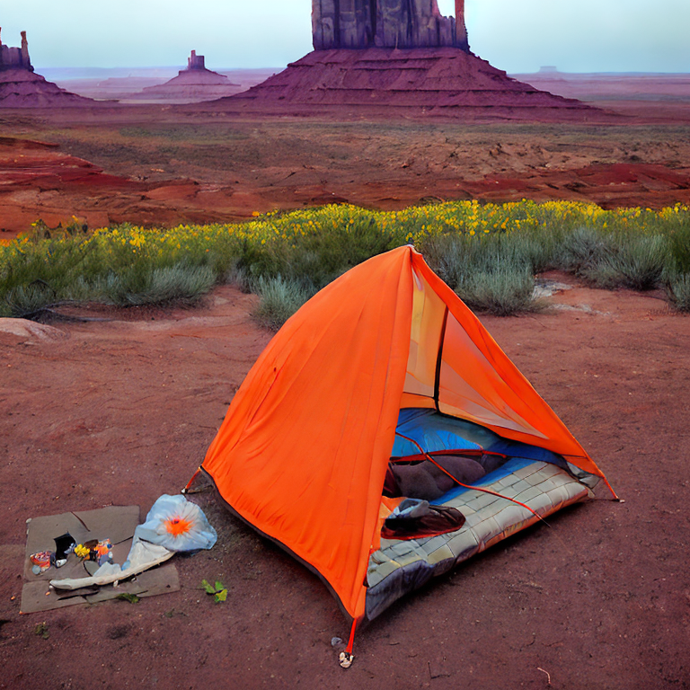 A gray and orange tent rests beside a winding stream in a foggy Monument Valley campsite. A hammock hangs from a nearby tree, while small flowers brighten the dirt and paved ground. Tall red mountains rise in the misty night behind it.