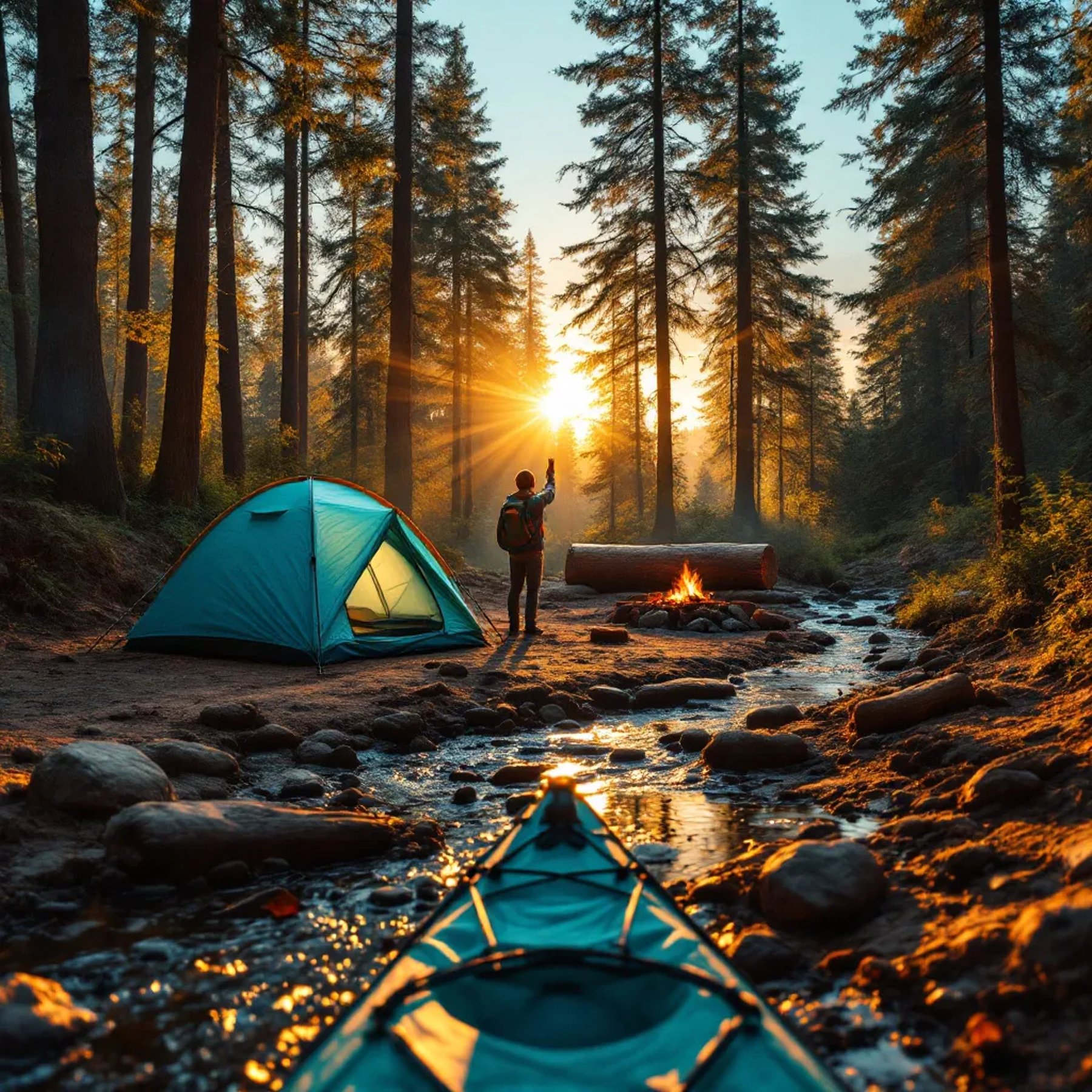 A teal tent rests beside a gentle creek as the sun sets through the trees. A campfire glows near a large log, with animal tracks in the soft dirt. From a kayak, you can see a camper shining a flashlight in the distance.