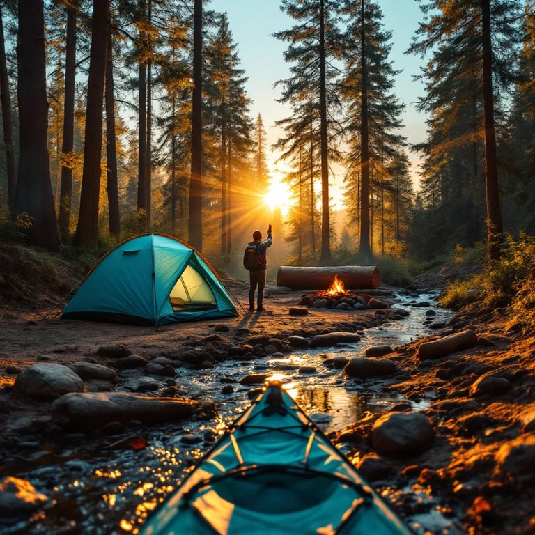 A teal tent rests beside a gentle creek as the sun sets through the trees. A campfire glows near a large log, with animal tracks in the soft dirt. From a kayak, you can see a camper shining a flashlight in the distance.