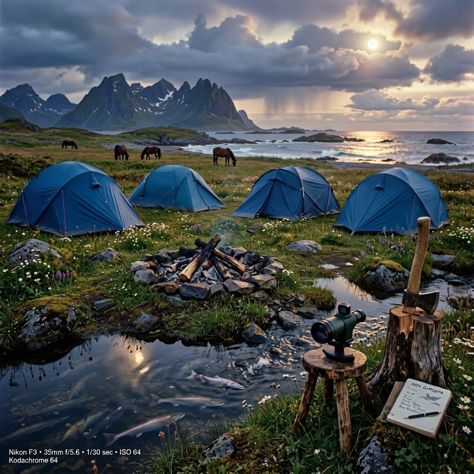 Four blue tents rest in tall grass and tiny wildflowers beside a quiet tidal pool. A small fire ring, wooden stool, and birdwatching scope make the camp feel ready for explorers. Horses graze in the distance as salmon move through a nearby creek beneath stormy clouds and a rising moon.