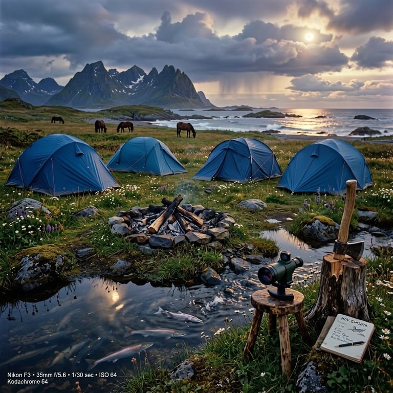 Four blue tents rest in tall grass and tiny wildflowers beside a quiet tidal pool. A small fire ring, wooden stool, and birdwatching scope make the camp feel ready for explorers. Horses graze in the distance as salmon move through a nearby creek beneath stormy clouds and a rising moon.