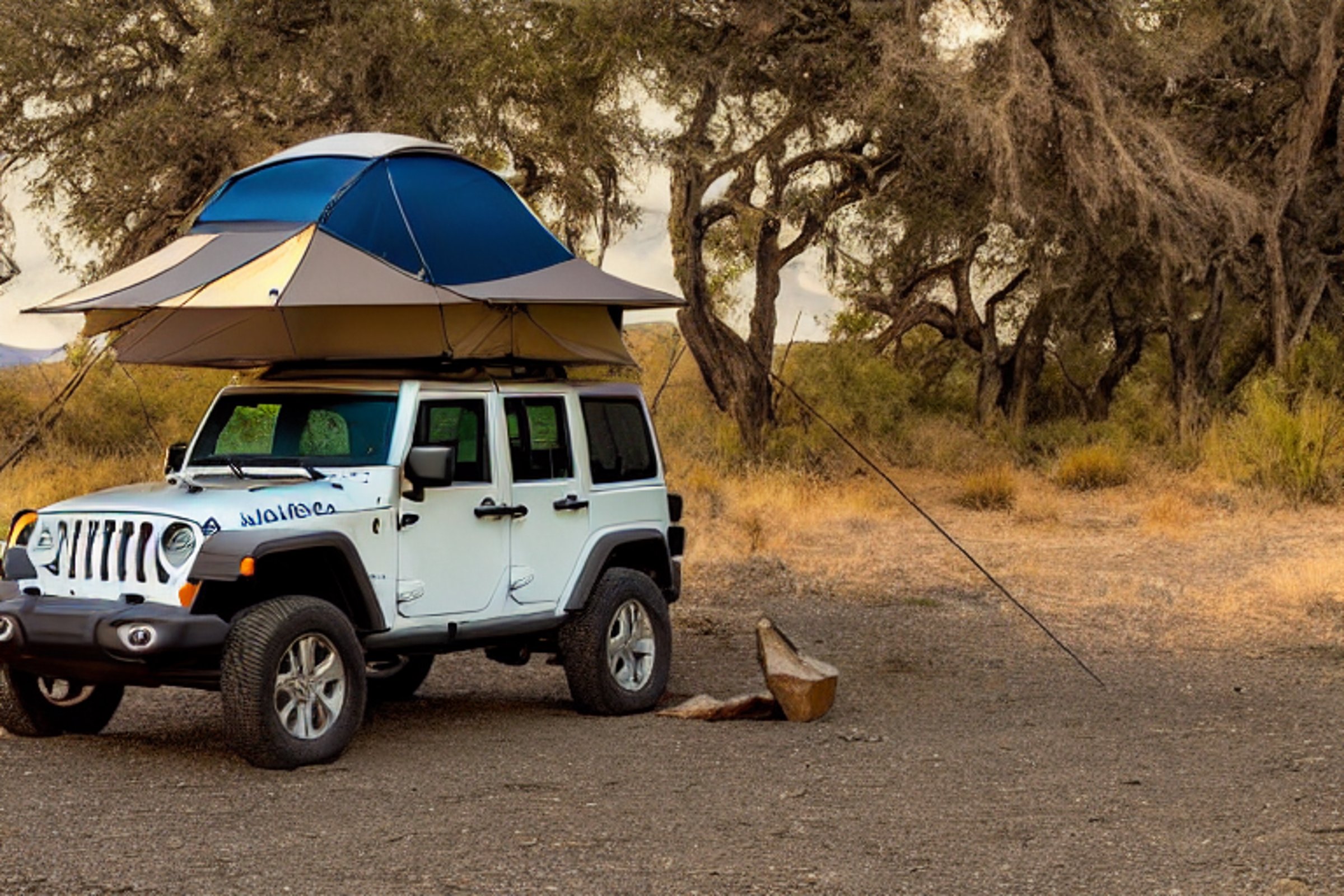 A Jeep with its rooftop tent open rests at a quiet campsite in Death Valley. Warm sunset light fills the sky, shining over the dusty ground, scattered leaves, and small ferns.