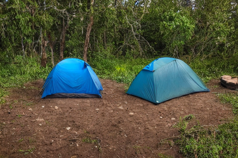 A blue tent rests on a quiet dirt campsite by San Diego Beach at dusk. Camp chairs surround a warm campfire, while a hammock hangs between the trees. Stone patches and a clear sky add to the peaceful coastal setting.