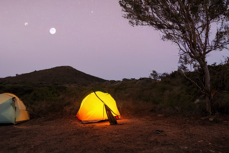 A black tent rests on a rough patch of ground near San Diego Beach. A warm campfire glows beside camping chairs and a small lantern as rain falls under the distant moon.