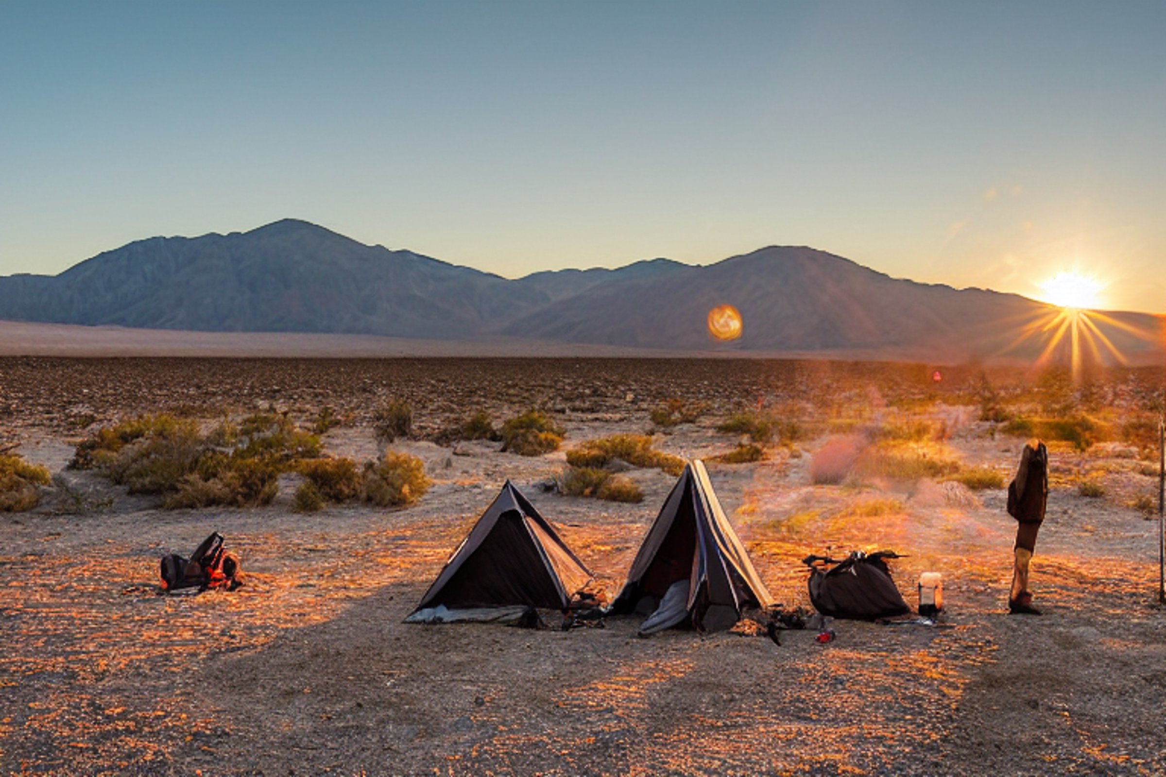A cozy tent rests beside a glowing campfire on a dusty patch in Death Valley. Tall trees frame the clear sunset sky, while a backpack and wooden guitar sit nearby. Surfboards and surfers add a playful touch to the desert camp.