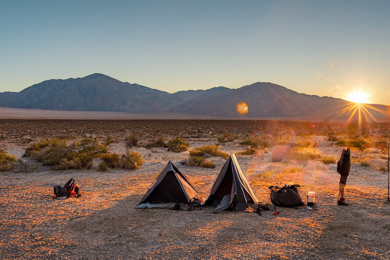 A cozy tent rests beside a glowing campfire on a dusty patch in Death Valley. Tall trees frame the clear sunset sky, while a backpack and wooden guitar sit nearby. Surfboards and surfers add a playful touch to the desert camp.
