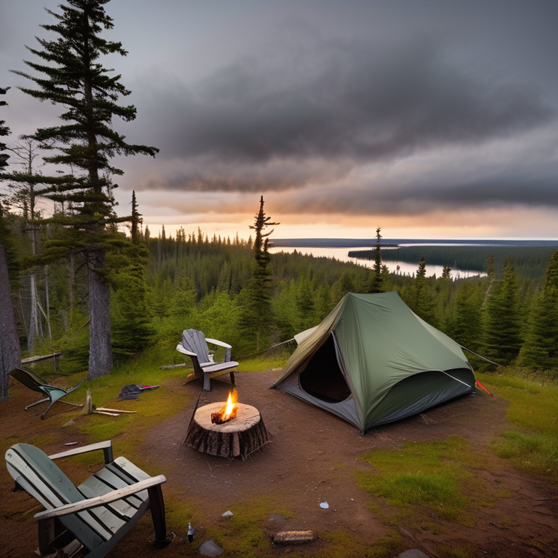 A green camo tent rests on a quiet dirt campsite beneath a star-filled sky. Mossy trees and soft fog surround the camp, while a warm fire glows beside a large log and camping chairs.