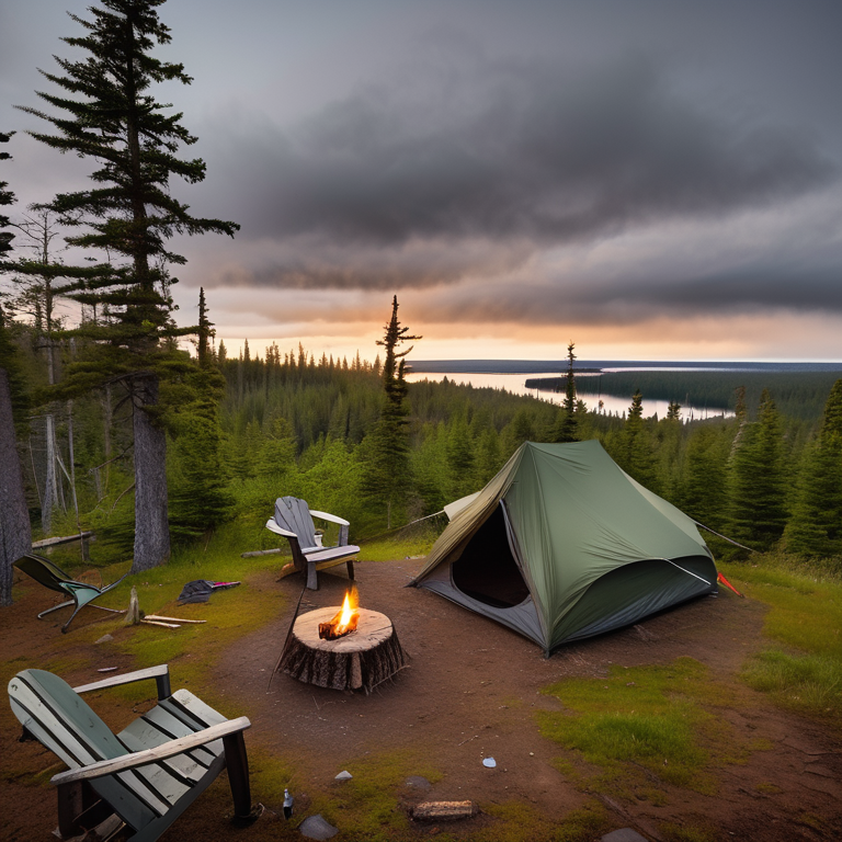 A green camo tent rests on a quiet dirt campsite beneath a star-filled sky. Mossy trees and soft fog surround the camp, while a warm fire glows beside a large log and camping chairs.