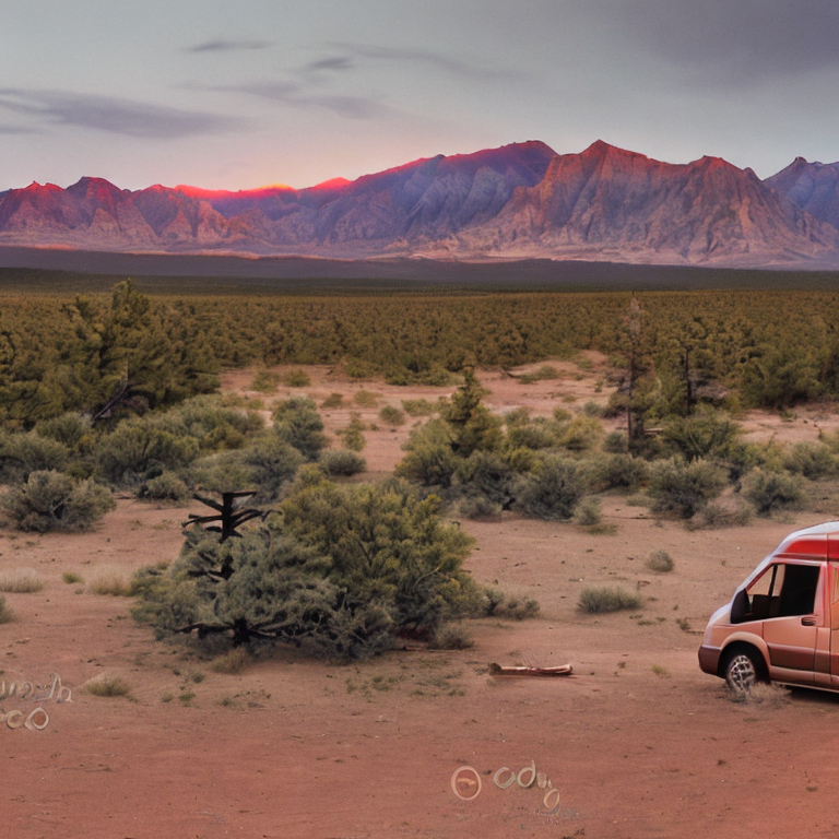 A red camper van rests on a quiet dirt patch in the New Mexico desert. Small trees and thick bushes surround the campsite as the sun sets under cloudy skies. A warm campfire glows beside a circle of logs.