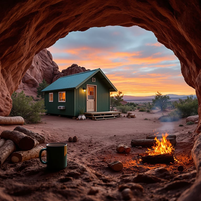 A cozy green cabin sits in a desert, surrounded by red rocks and glowing under a colorful sunset sky. A campfire crackles nearby, with a mug resting on a log. The peaceful scene feels warm and calm, perfect for relaxing in nature.