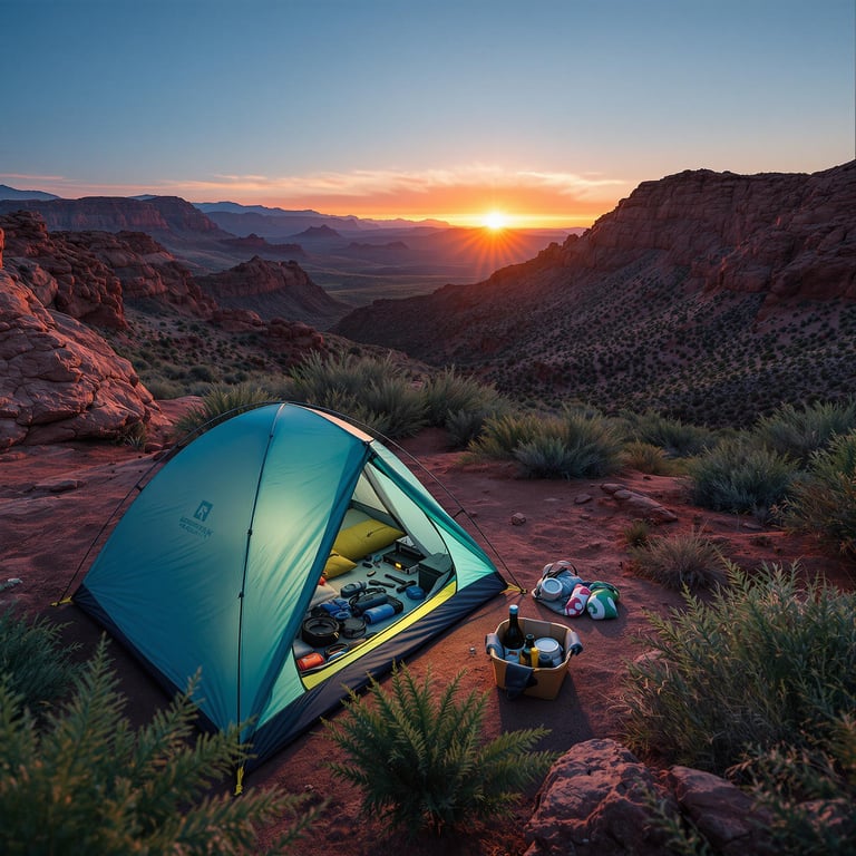 A bright teal tent rests among ferns in Red Rock Canyon as the sun sets over the rolling hills. Its cozy inside glows with a flashlight, while camping gear sits nearby.