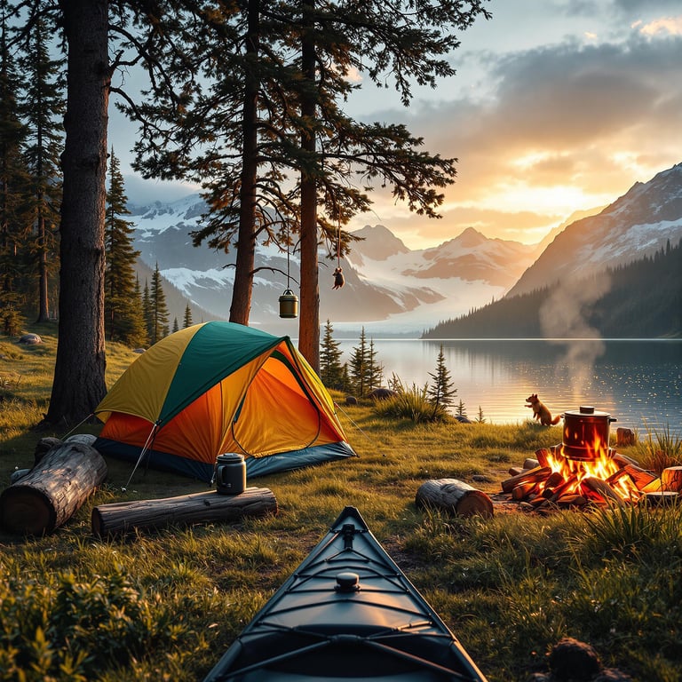 This cozy campsite sits by a sparkling lake with tall pine trees and snowy mountains in the background. A bright tent and warm campfire make it feel safe and fun. The sky glows with a beautiful sunset, perfect for adventure.