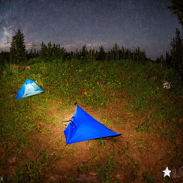 A cozy two-person tent rests on a dirt campsite beneath a starry, stormy sky. Wildflowers brighten the ground, while a hammock hangs between the trees nearby. A parking spot and distant surfers add a playful touch to this North Shore retreat.