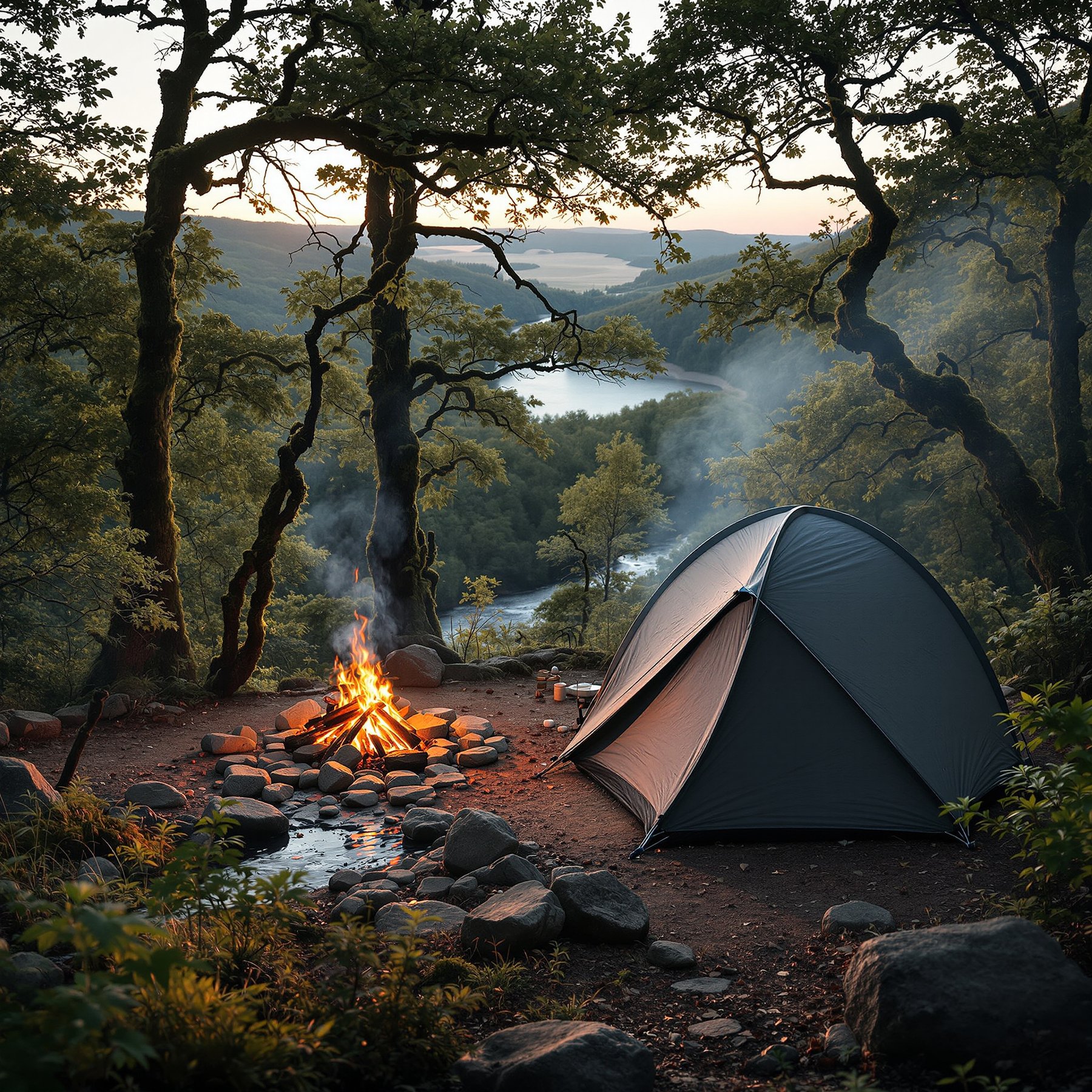 This cozy campsite sits under tall trees with a glowing campfire and a tent. You can see a pretty river and rolling hills in the background. It feels peaceful and perfect for an outdoor adventure.