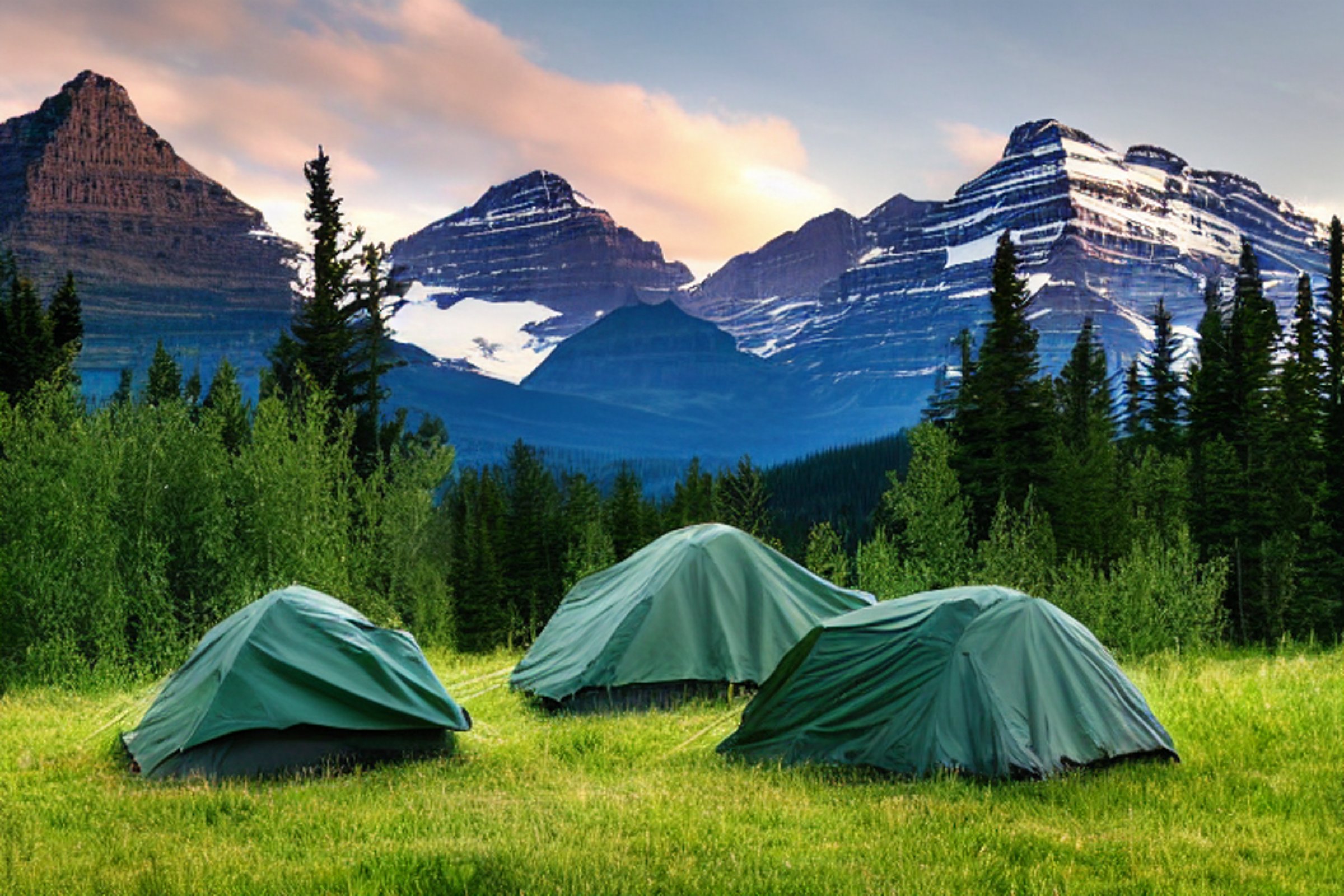 A green tent rests on a paved campsite beneath a star-filled, rainy sky. Tall grass, a large rock, and a distant deer add to the wild setting, while dark mountains rise in the background.