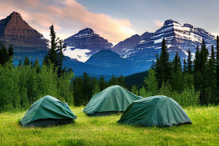 A green tent rests on a paved campsite beneath a star-filled, rainy sky. Tall grass, a large rock, and a distant deer add to the wild setting, while dark mountains rise in the background.
