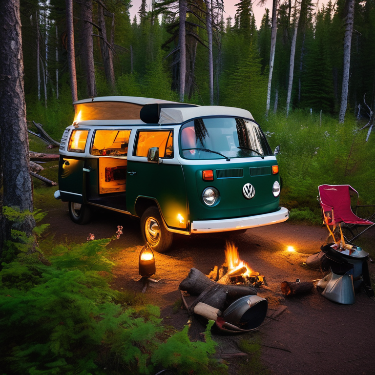 A green campervan rests beside a warm campfire in a quiet forest at night. A small stream winds through the campsite, with wildflowers and a cozy, glowing tent nearby.