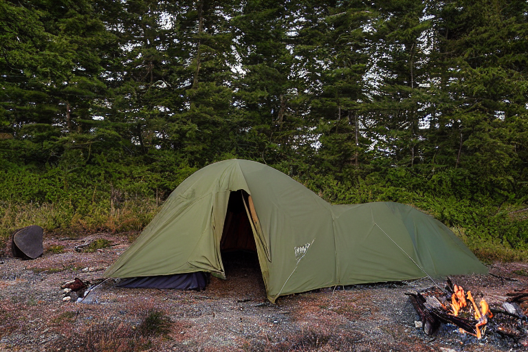 A green and tan tent rests on a paved campsite along the coast of Maine. Bushes, a large rock, and a wood log surround the dirt campfire area as clouds drift across the dusky sky. A pale moon glows in the distance, creating a calm evening mood.