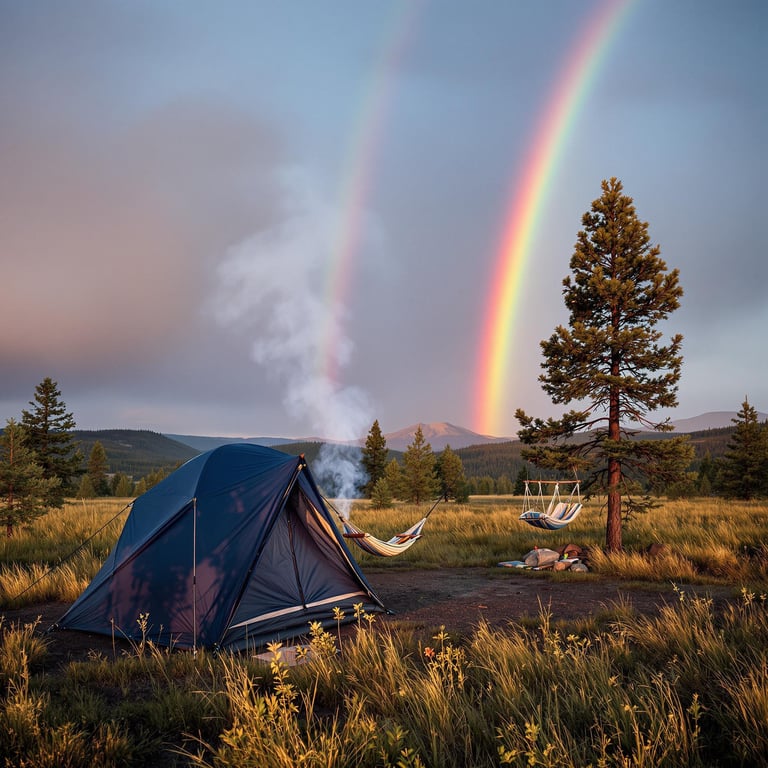 A cozy blue tent sits on a grassy field, surrounded by tall trees under a magical double rainbow. The air is crisp, with a hammock swinging gently and a campfire crackling nearby. It's a perfect spot for adventure and daydreams.