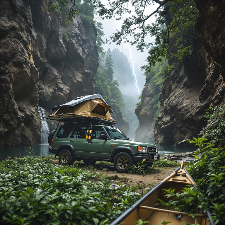 Nestled between tall, rocky cliffs, this campsite by a shimmering river feels like a hidden paradise. A magical scene unfolds with a tent on a sturdy car and a canoe ready by the water's edge. A flash of lightning adds excitement to the misty, lush surroundings.
