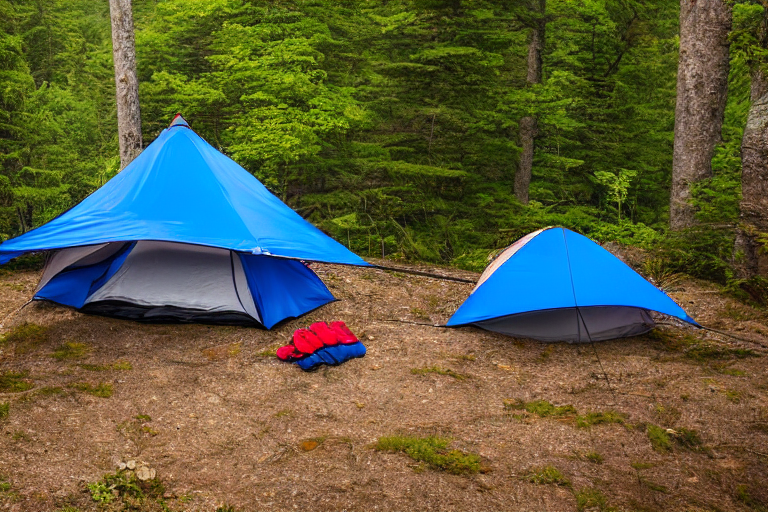 A blue tent rests in a rainy campsite beneath the misty Smoky Mountains. Clothes hang on a line near a car, while hikers and a distant flashlight add life to the quiet night.