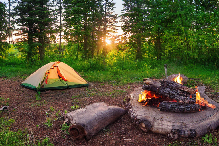A green tent rests beside a warm campfire on a sunny dirt clearing in North Shore, Minnesota. Wildflowers, large boulders, and a wooden log add charm, while a hammock hangs between the trees nearby.