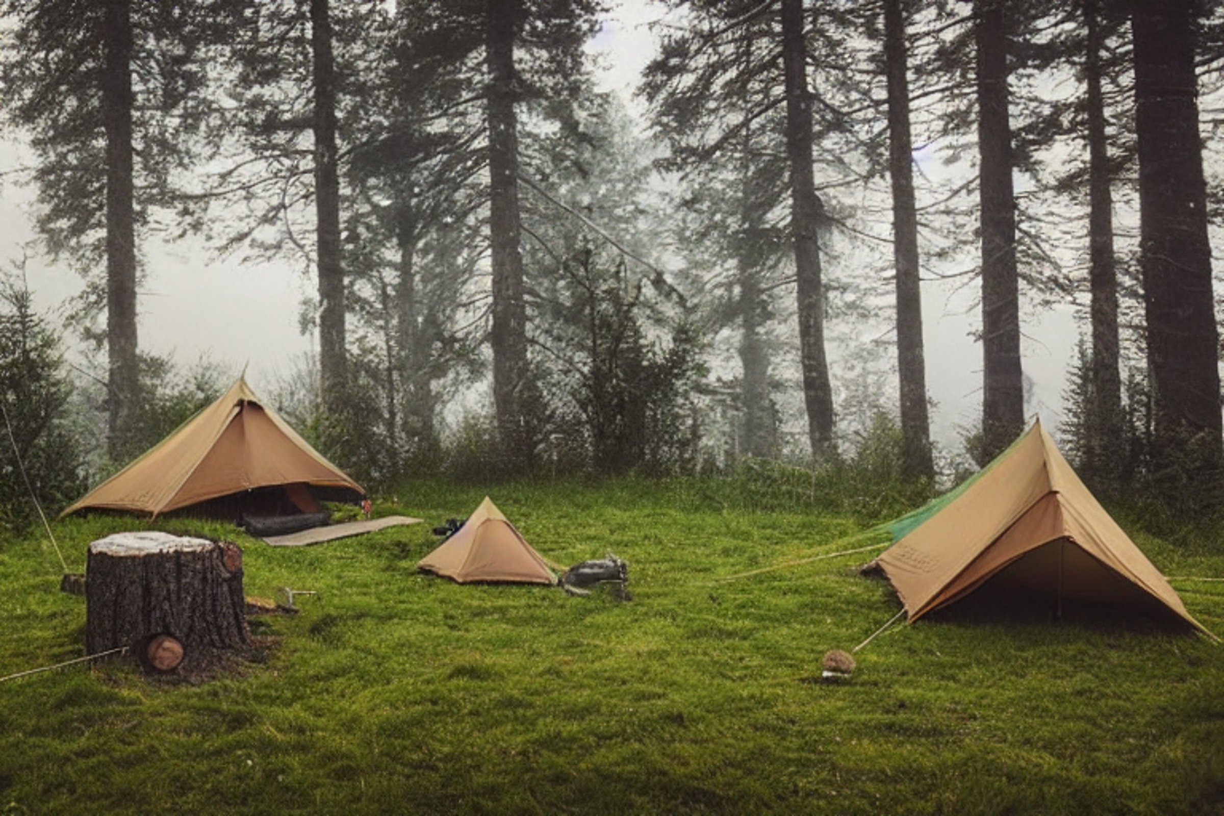 A green and tan tent rests on a quiet dirt patch in the Norwegian woods. Nearby, clothes hang on a line and a stone-ringed campfire glows softly. Fog drifts through the small trees as the sun sets.