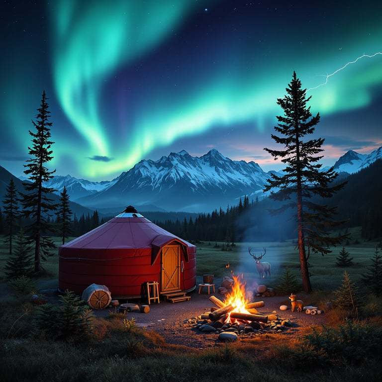 A cozy red yurt sits by a crackling campfire, surrounded by tall pine trees and snowy mountains. The sky glows with bright green northern lights, while a deer and a fox quietly explore nearby. This campsite feels magical and peaceful under the stars.