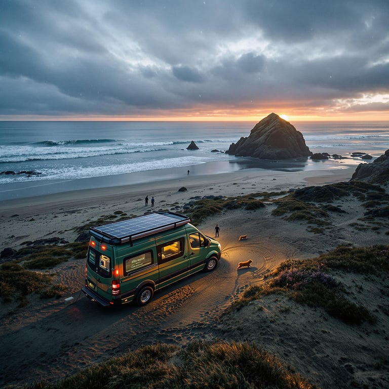A forest-green camper van rests beside a quiet beach as the sun sets. A solar panel glints on its roof while surfers ride the waves, a squirrel dashes nearby, and animal tracks mark the damp ground. Light sleet adds a cool, wild feeling to the peaceful campsite.