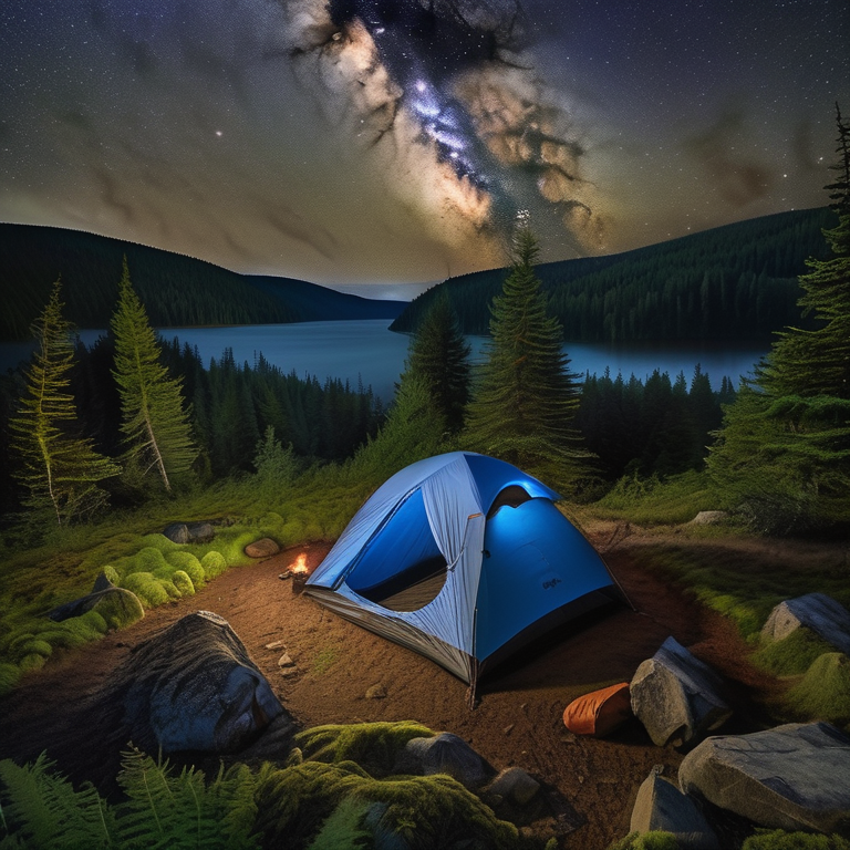 A blue and gray tent rests beside a warm campfire in a mossy forest. Above, stars shine through the stormy night sky, while hikers gather nearby and a deer watches from the trees.