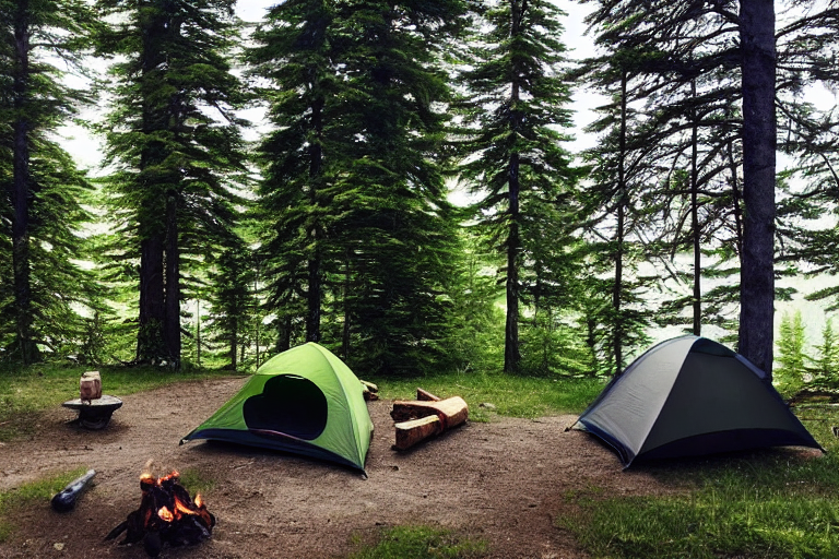 A green tent rests in a sunny campsite surrounded by trees and mountain views. A hammock hangs nearby, while logs circle the campfire on a patch of dirt. The bright sky and fresh nature make the scene feel calm and inviting.