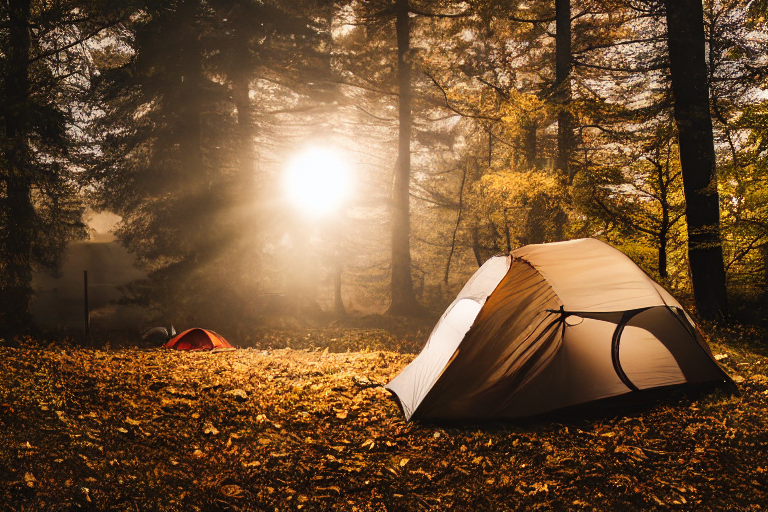 A black tent rests beside a quiet lake, surrounded by colorful fall trees and soft fog. A small campfire warms the stony campsite, while a flashlight glows inside the tent. A large rock and a patch of dirt add to the peaceful wilderness scene.
