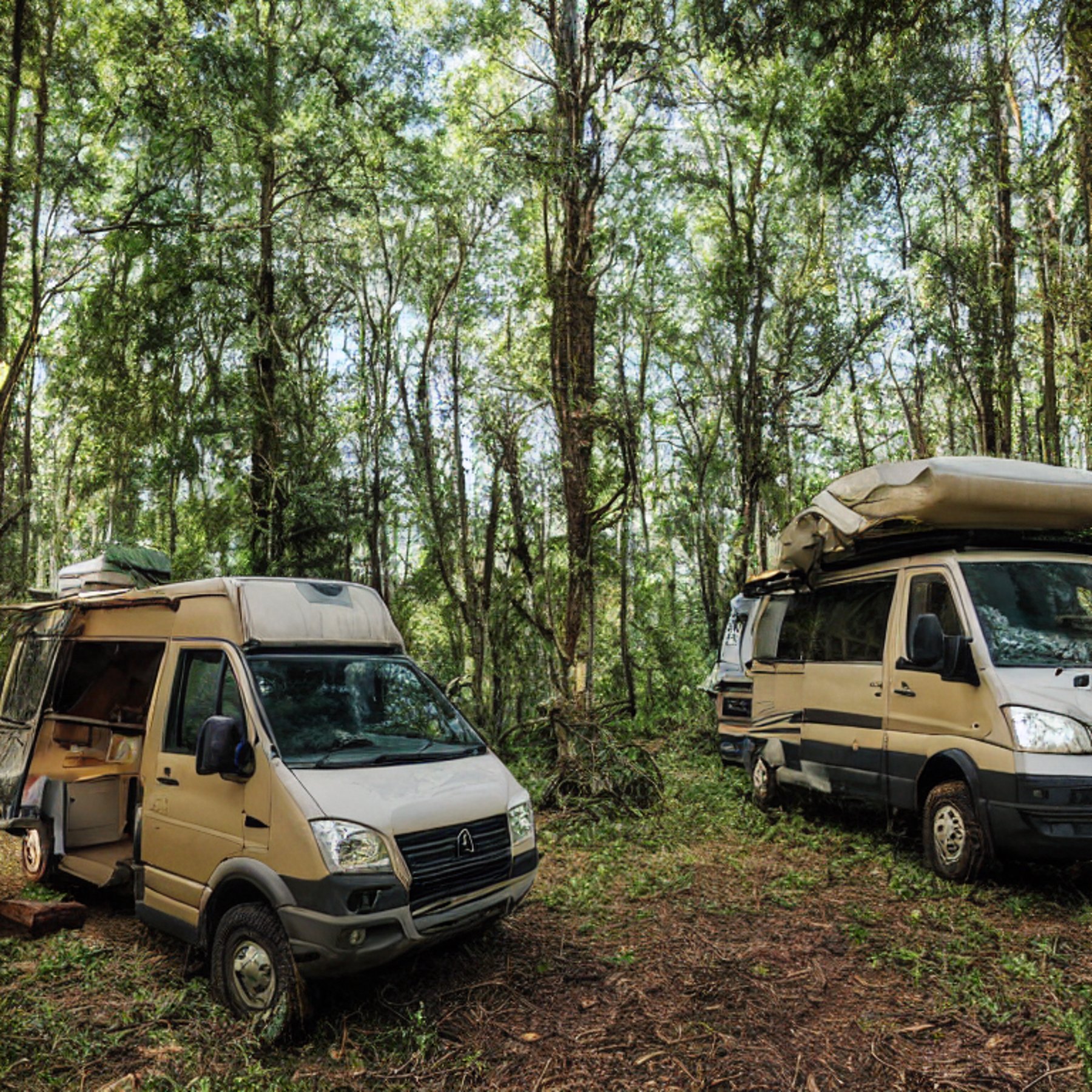 A tan camper van rests on a sunny dirt clearing deep in an overgrown forest. Hikers gather near a warm campfire, while a nearby tent glows softly with flashlight light. Rough ground and wild plants give the campsite a cozy, adventurous feel.