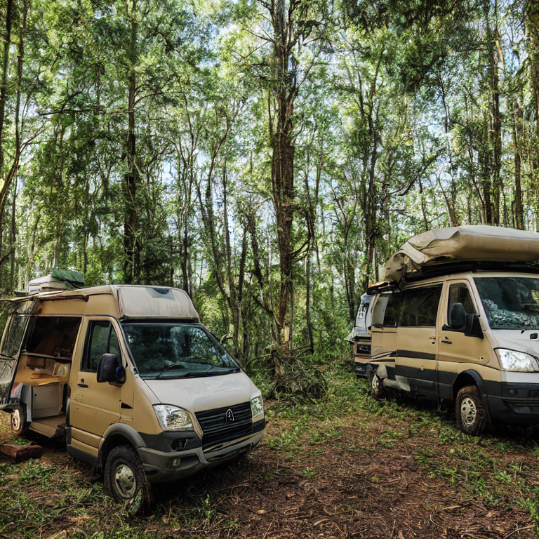 A tan camper van rests on a sunny dirt clearing deep in an overgrown forest. Hikers gather near a warm campfire, while a nearby tent glows softly with flashlight light. Rough ground and wild plants give the campsite a cozy, adventurous feel.
