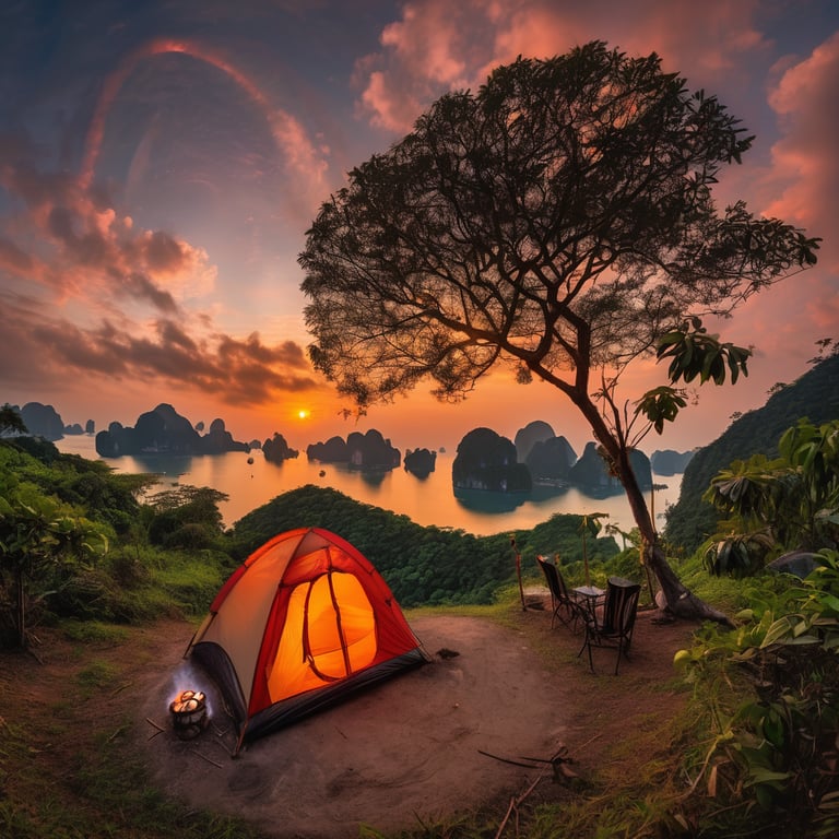 A coral tree tent rests in tall grass overlooking the calm waters of Halong Bay. At sunset, a warm campfire crackles nearby as marshmallows roast under a partly cloudy sky and a pale moon.