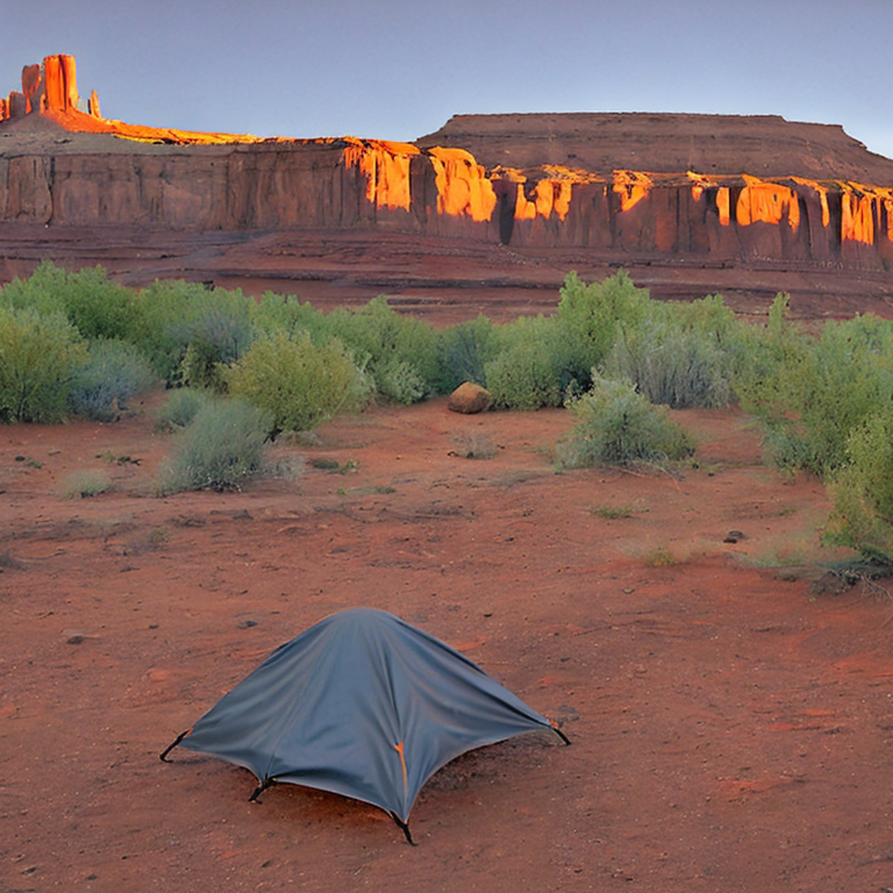 A gray and orange tent rests on a dirt campsite in Monument Valley. Small trees, scattered stones, and fallen leaves line the nearby hiking path. Warm sunset light fills the sunny desert scene.