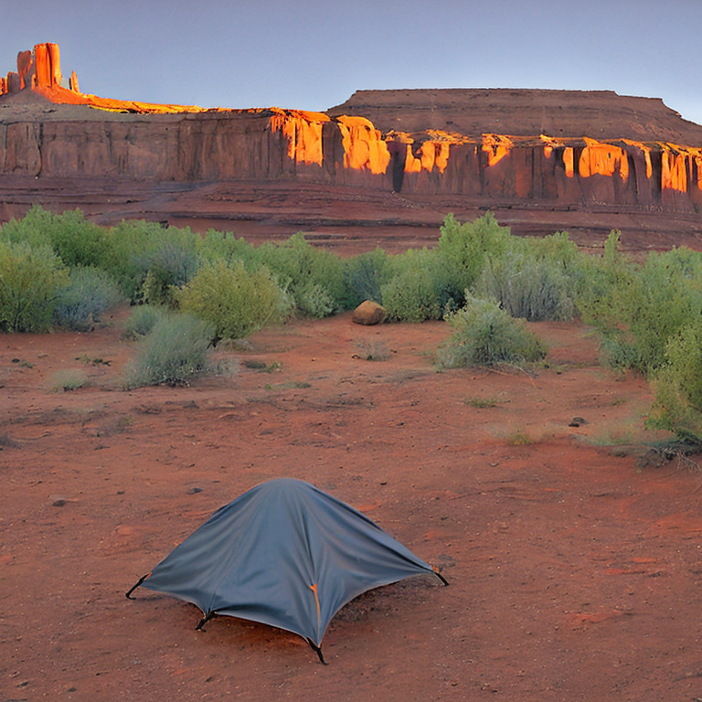 A gray and orange tent rests on a dirt campsite in Monument Valley. Small trees, scattered stones, and fallen leaves line the nearby hiking path. Warm sunset light fills the sunny desert scene.