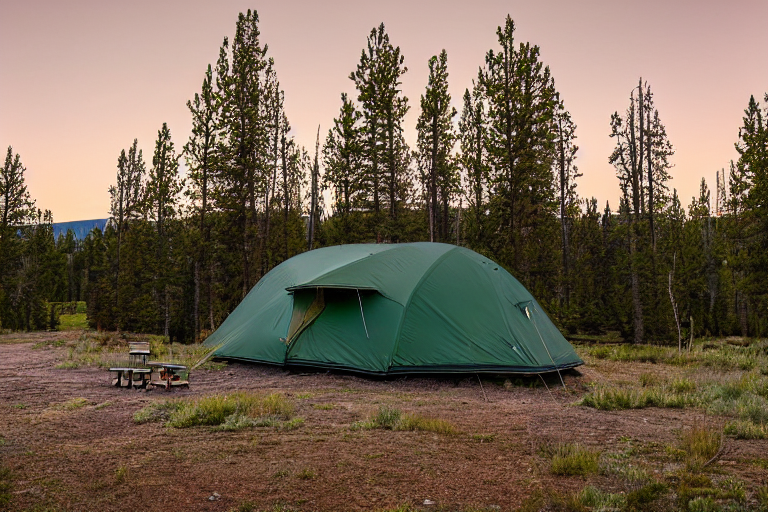 A forest-green tent rests beside a paved campsite in Yellowstone National Park. Small trees, a dirt hiking path, and a parking spot surround the open dirt clearing. Under cloudy skies, a pale moon hangs in the distance.