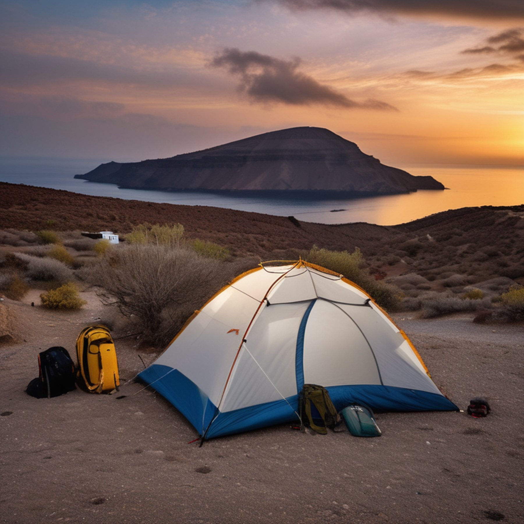 A cozy tent rests on a paved campsite in Santorini as the sun sets over the snowy landscape. A large rock, camping gear, and a backpack sit nearby, while surfers add a playful touch to the scene.