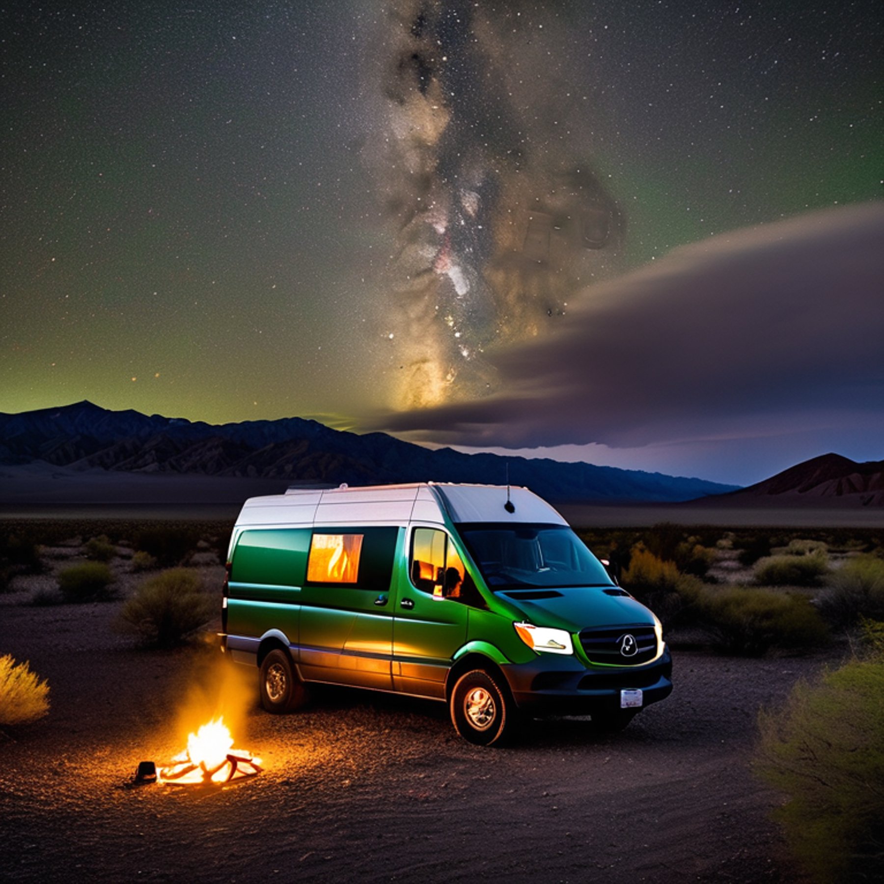 A green camper van rests on a quiet dirt campsite beneath a star-filled sky. Dark mountains rise in the distance, while a lantern, campfire, and fallen leaves add a cozy glow.