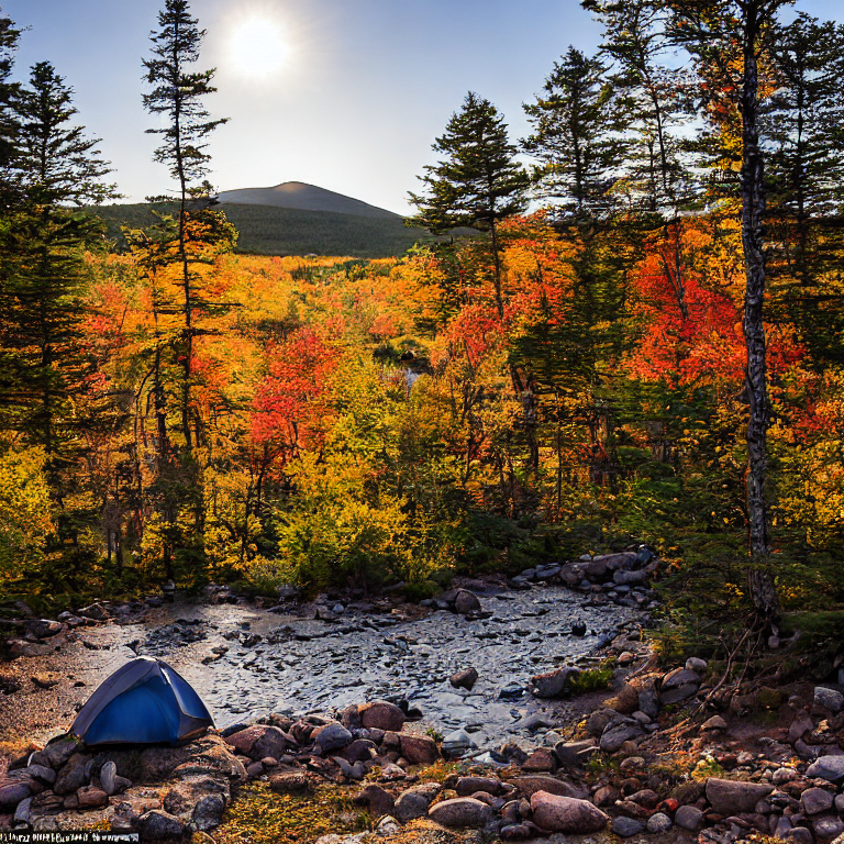 A cozy tent rests on a dirt campsite as a clear stream winds through the snowy ground. Golden fall trees glow around the site, while a pale moon hangs in the wide evening sky.