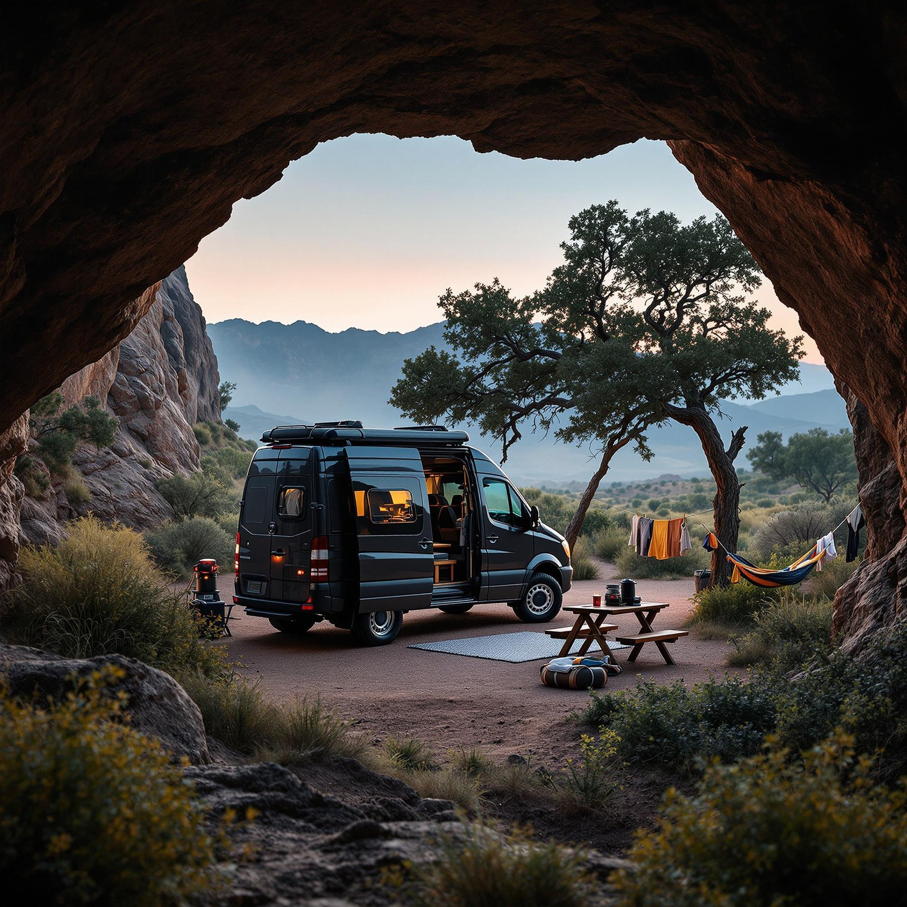 Nestled between rocky cliffs and a cozy grove of trees, this campsite feels like a hidden oasis. With a comfy van parked nearby, a picnic table set for breakfast, and a colorful hammock swaying in the breeze, it’s a peaceful spot for adventure and relaxation. The mountains in the distance add a touch of magic to this serene scene.
