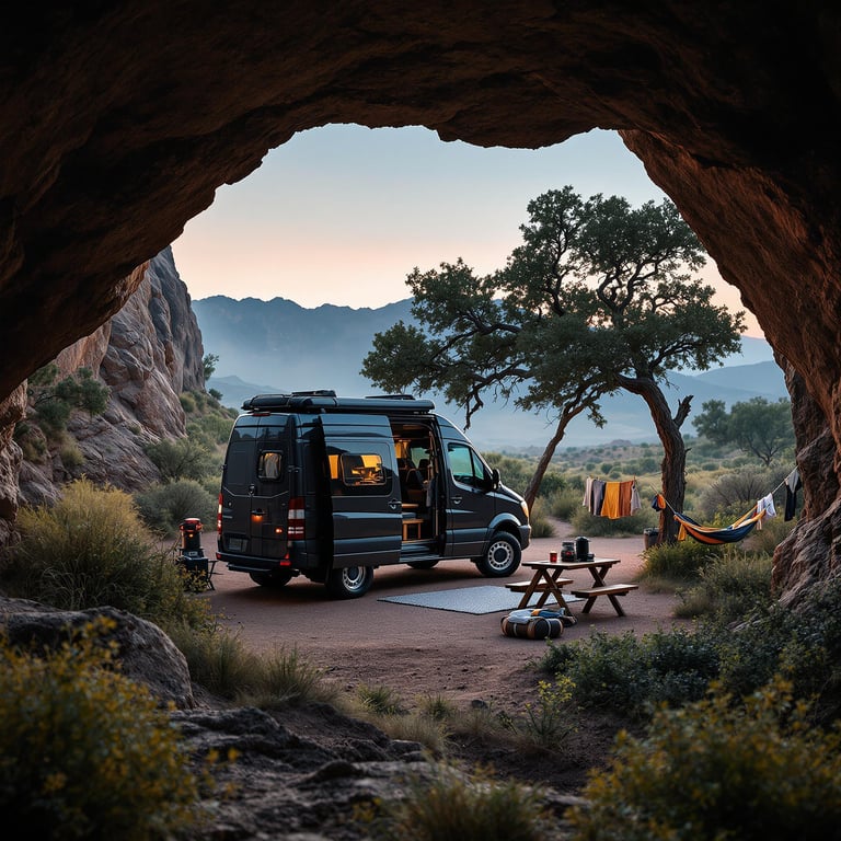 Nestled between rocky cliffs and a cozy grove of trees, this campsite feels like a hidden oasis. With a comfy van parked nearby, a picnic table set for breakfast, and a colorful hammock swaying in the breeze, it’s a peaceful spot for adventure and relaxation. The mountains in the distance add a touch of magic to this serene scene.